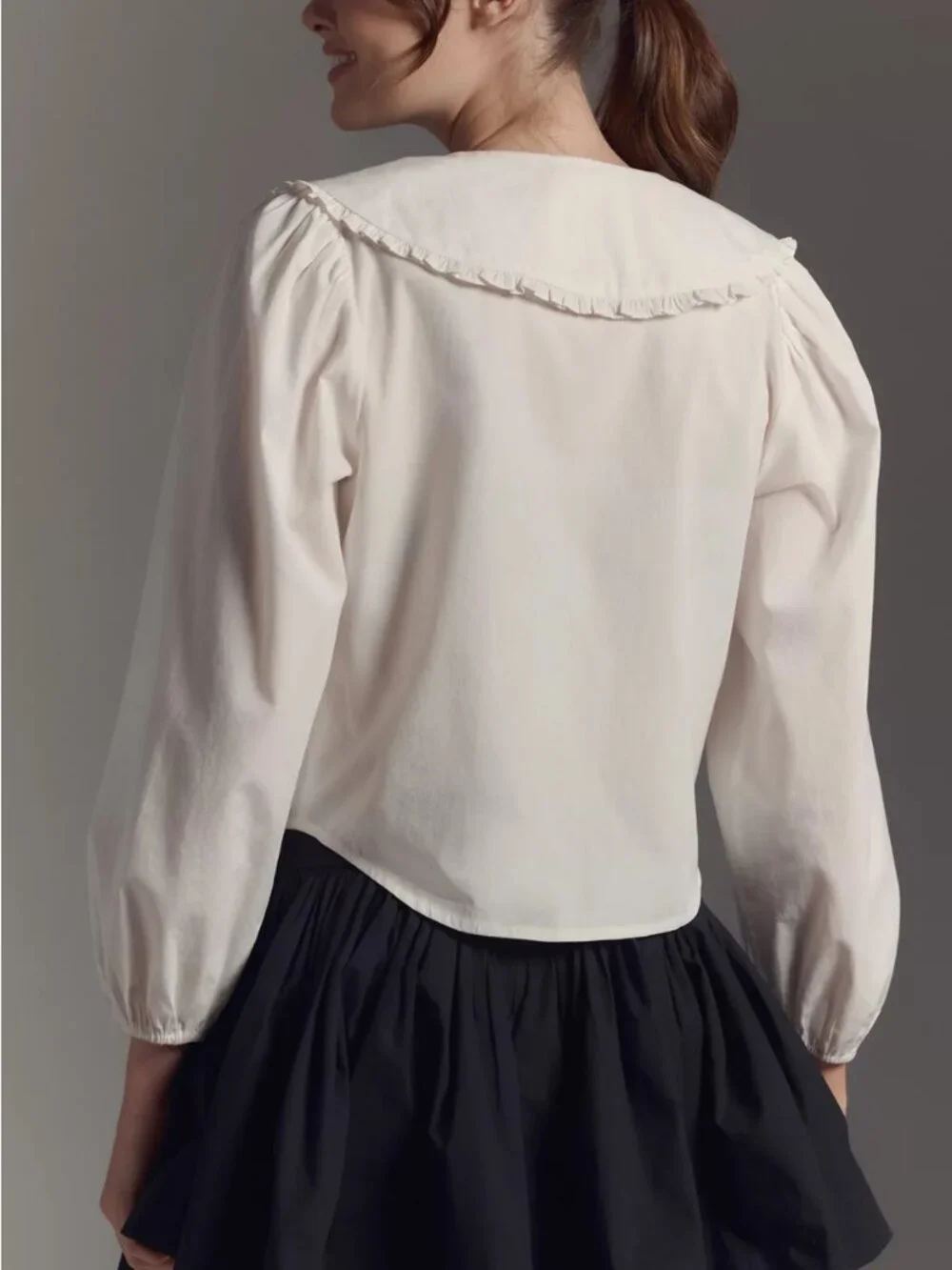 Anthropologie Maeve Long-Sleeve Sailor Collared Ruffle-Front Blouse White M